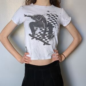 90s White Graphic Skateboard Baby Tee Grunge